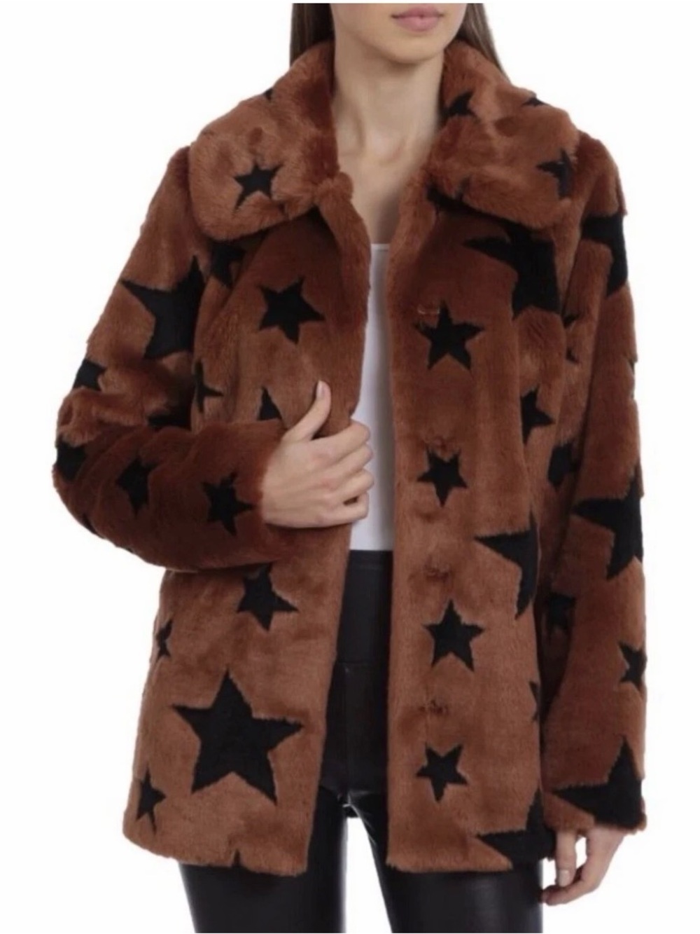 Avec Les Filles Whiskey Star Brown Faux Fur Teddy Coat Anthro Women's Size Small